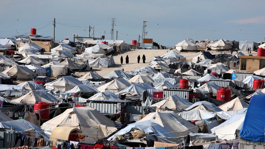 A sea of tents in a refugee camp.
