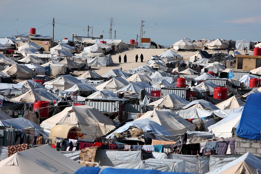 A sea of tents in a refugee camp.