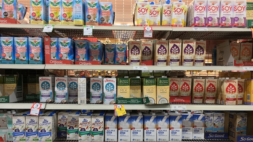 Coconut, soy, oat, hazelnut, almond milk stacked on the supermarket shelves.