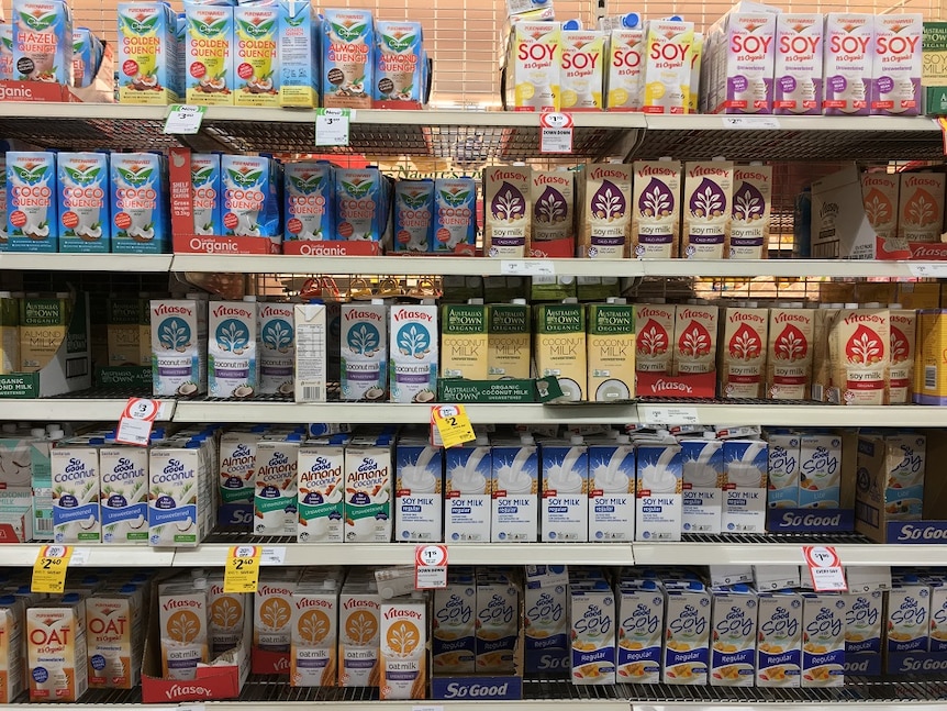 Coconut, soy, oat, hazelnut, almond milk stacked on the supermarket shelves.