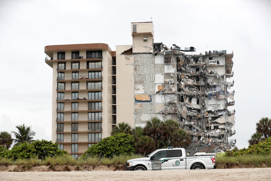 A building that partially collapsed is seen in Surfside, near Miami Beach, Florida.