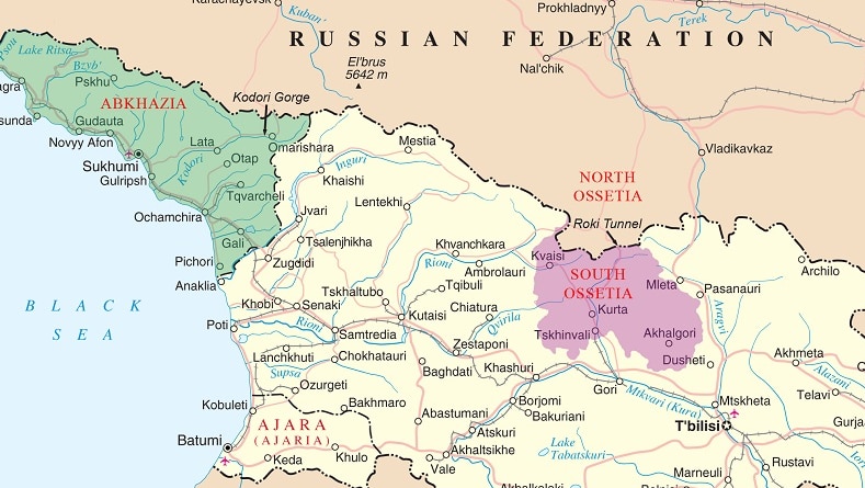 A map showing the disputed territories of South Ossetia and Abkhazia in Georgia.