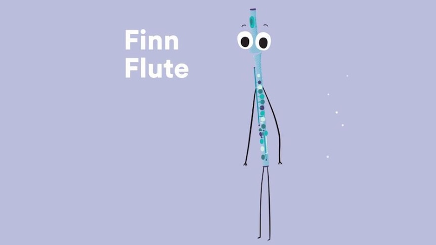 Cartoon flute with arms and legs, text reads "Finn Flute"