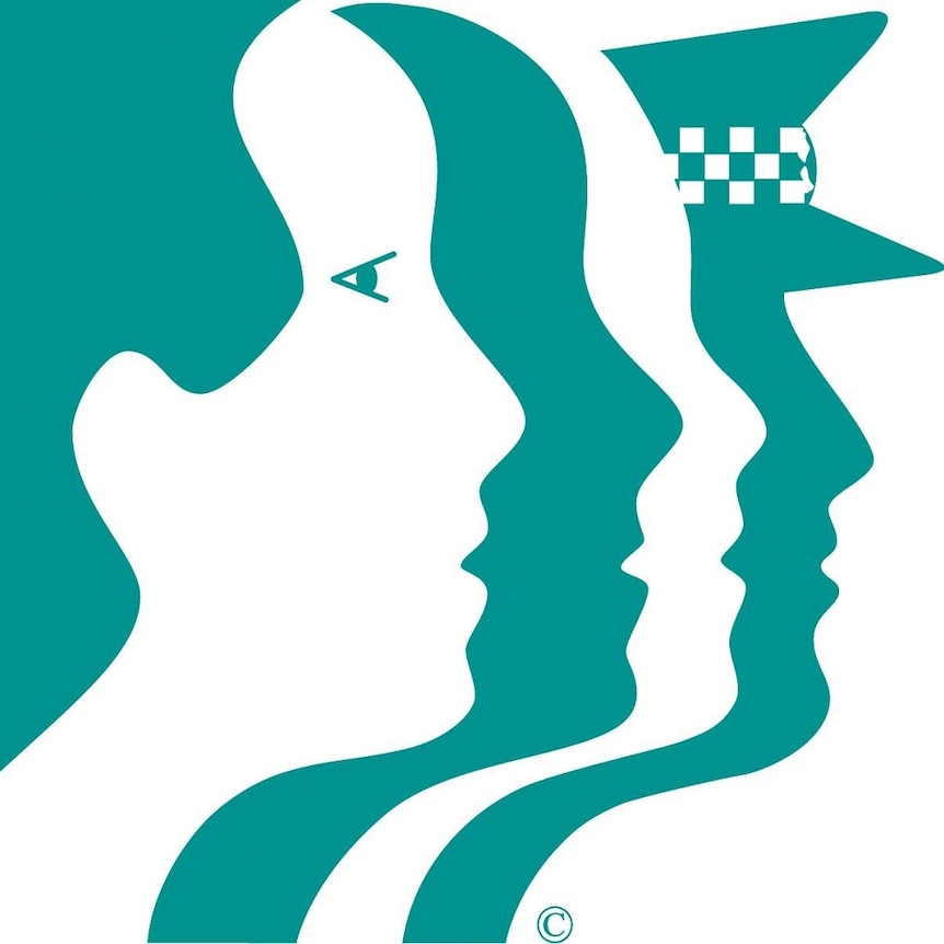 Logo of green and white faces and police officer