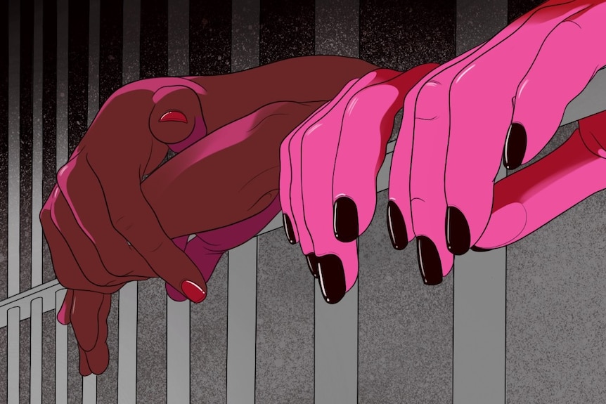 An illustration shows two pairs of women's hands resting on the bars of a jail cell.