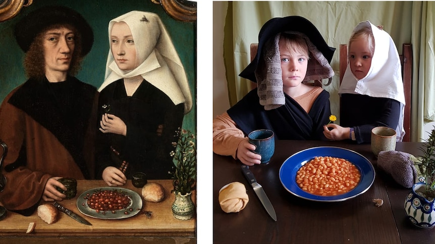 children recreate 1496 painting dressed as merchant couple with plate of beans on table 