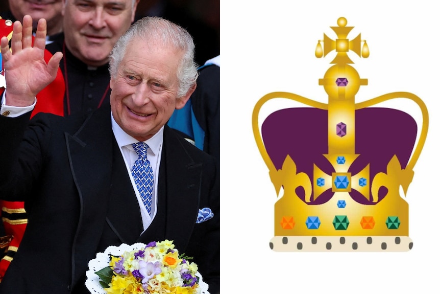 Composite image - King Charles at an Easter ceremony  next to a screenshot of an emoji based on the royal crown. 