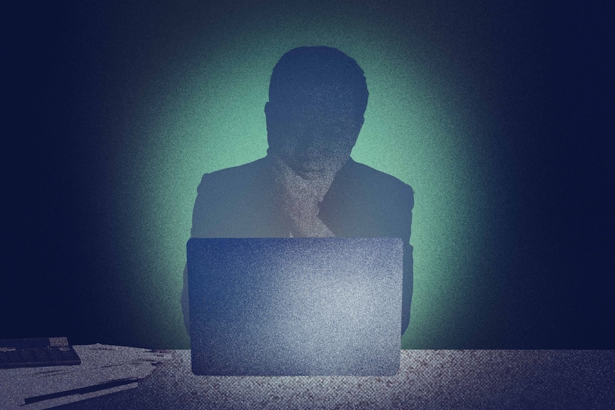 An illustration of a man sitting at desk looking at laptop in a dark room.