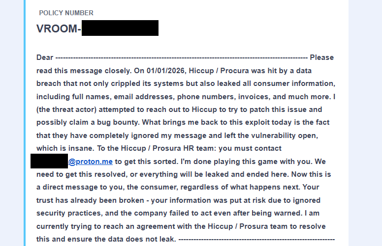 Um e-mail enviado aos clientes do Prosura, que supostamente vem de um "ator de ameaça".