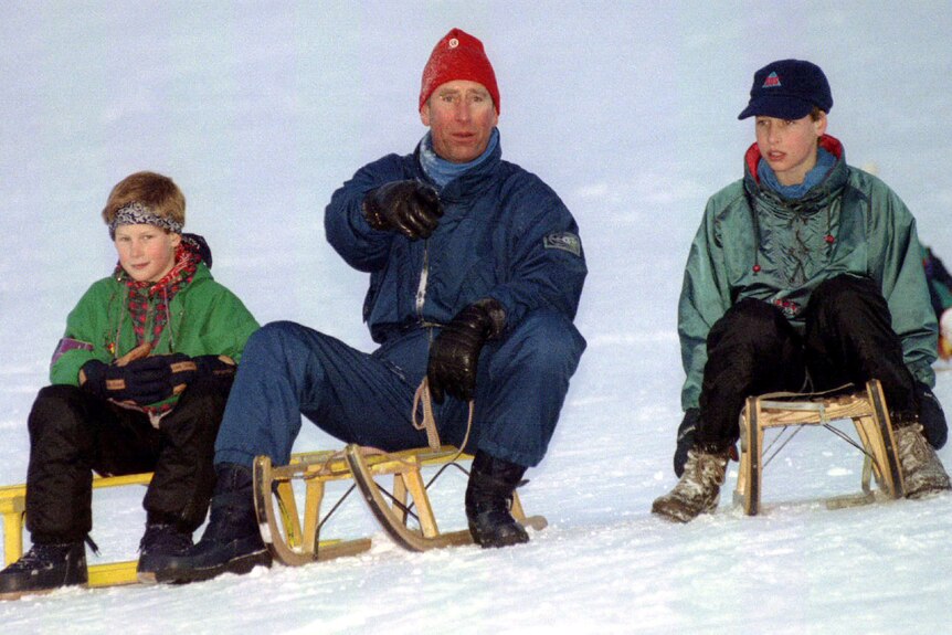 A young Prince Harry and Prince William on toboggons with their father Prince Charles.