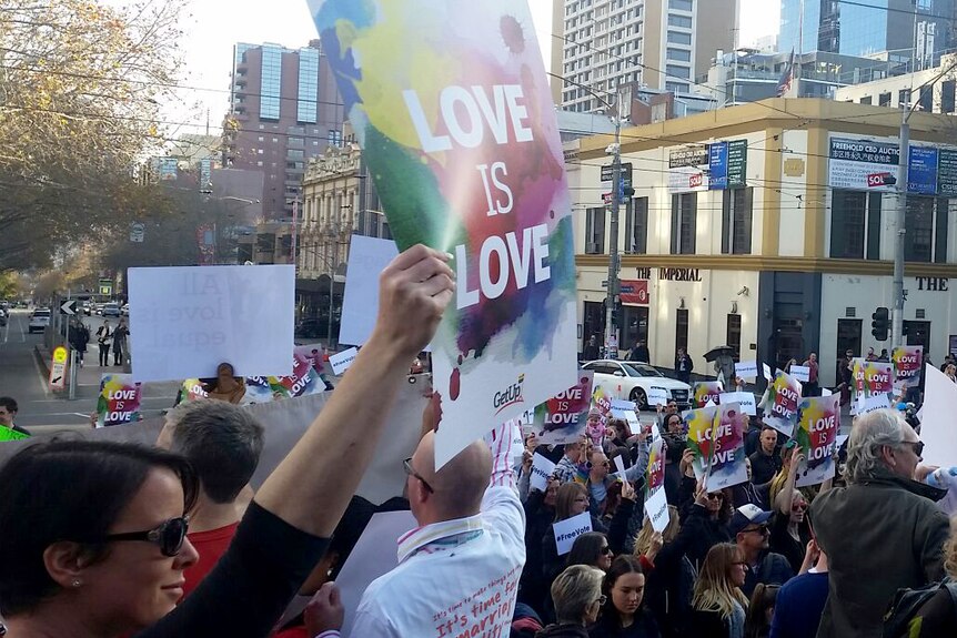 Hundreds of people gathered outside the Victorian Parliament in support of marriage equality.