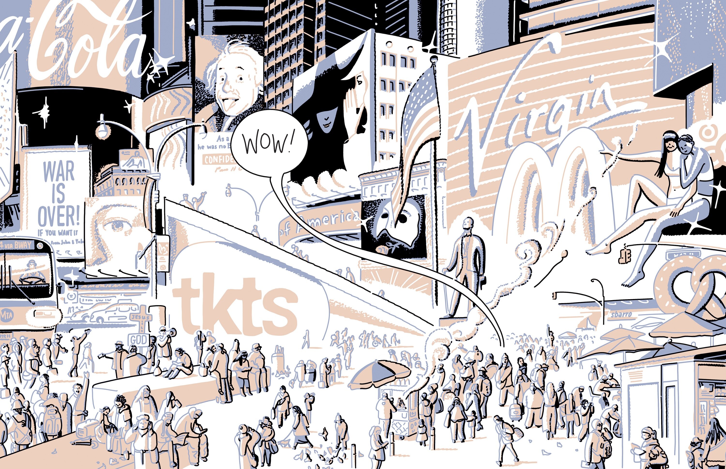 A page from a graphic novel depicting a street scene of New York with crowds of people and billboards in peach and blue