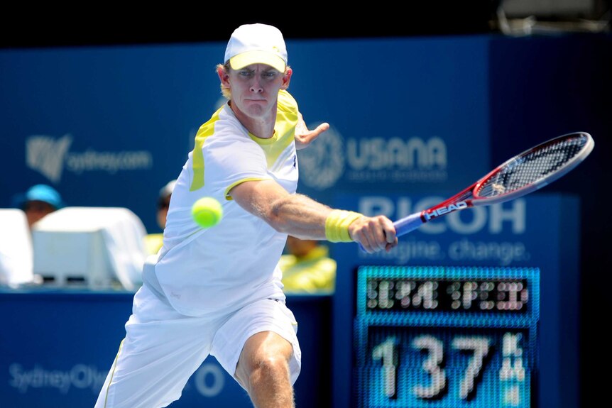 Kevin Anderson of South Africa plays Julien Benneateau of France at the Sydney International.