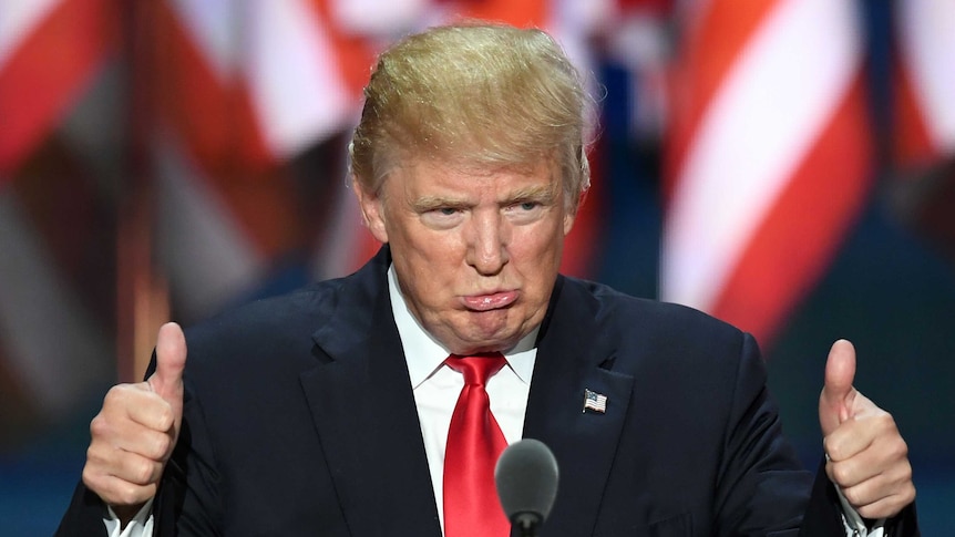 Donald Trump gives the thumbs up while speaking at a rally.