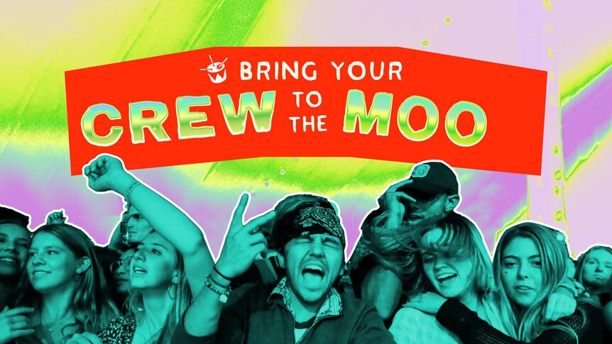 Text reading "bring your crew to the Moo' over a psychedelic image of a festival crowd