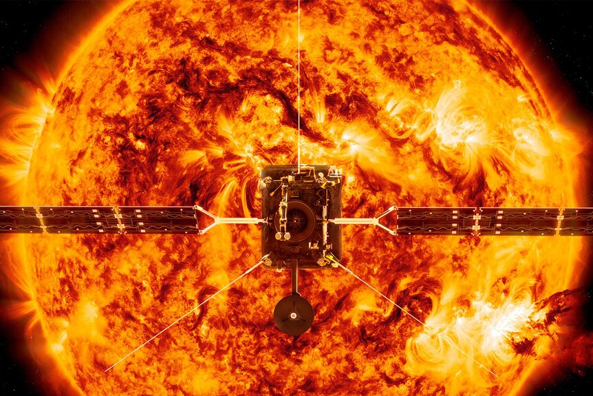 An illustration of the Solar Orbiter satellite in front of the sun