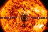 An illustration of the Solar Orbiter satellite in front of the sun