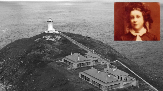 An historic headshot of a young girl is inlaid on a larger aerial picture of a small island with a lighthouse and two cottages.