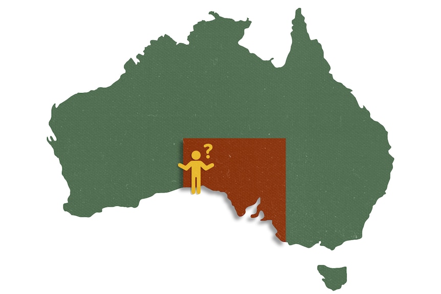 A graphic design of Australia, in green, with SA highlighted in dark red with a symbol of someone shrugging