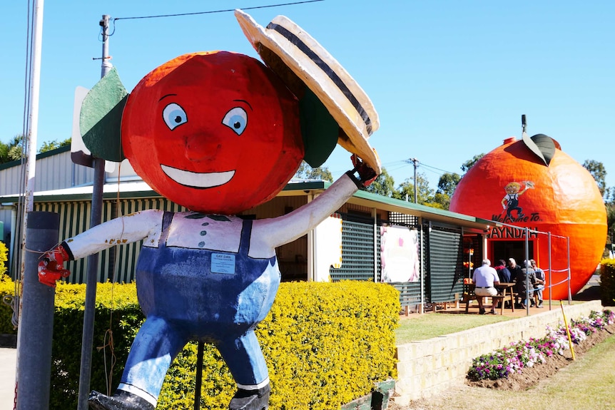 Dan the orange man and the Big Orange in Gayndah, Queensland.