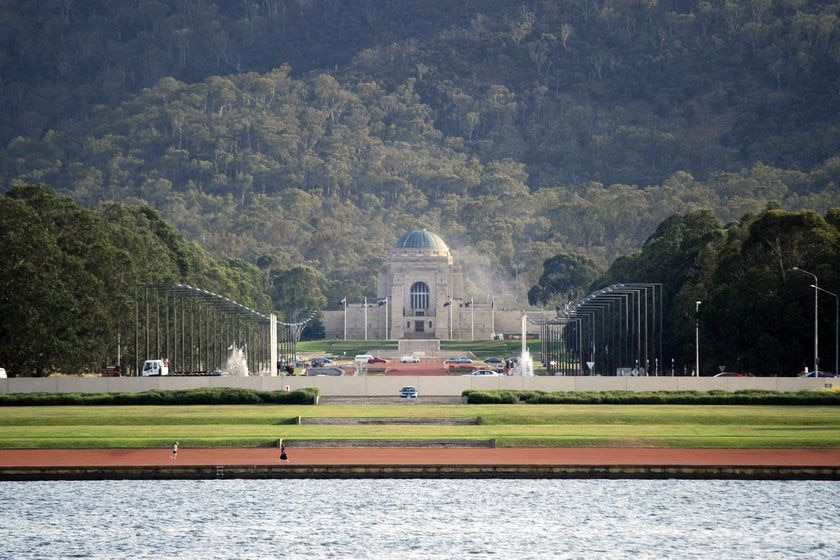 View of Australian War Memorial in Canberra from across Lake Burley Griffin - includes ANZAC parade generic