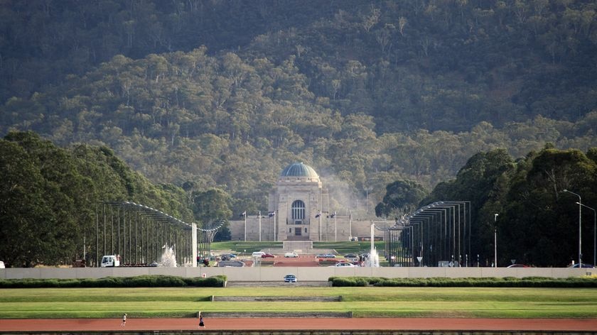 View of Australian War Memorial in Canberra from across Lake Burley Griffin - includes ANZAC parade generic