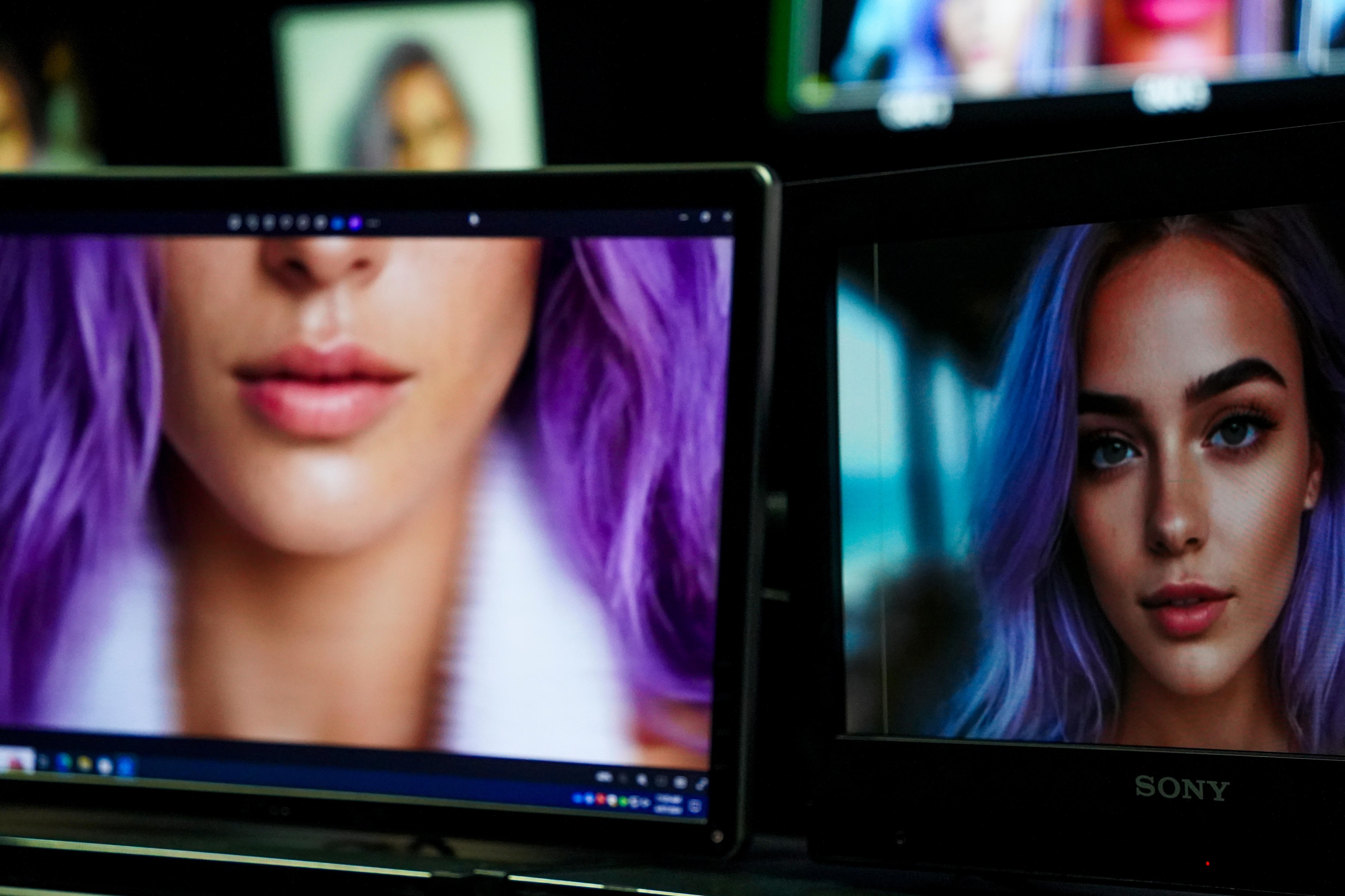 Multiple computer screens featuring the face of AI character 'Margot Monet'. 