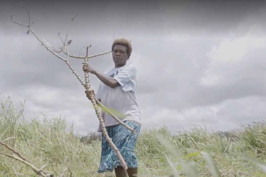 A woman from holds two large branches in a field of long grass. 