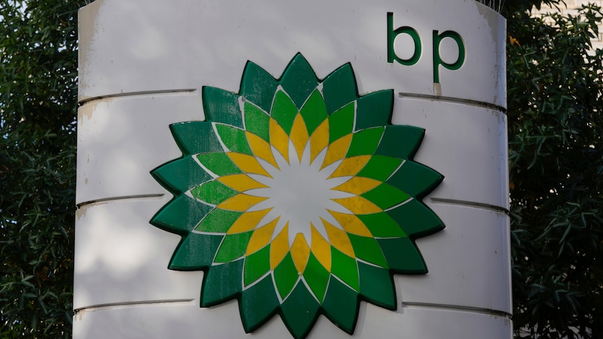 A BP flower logo is seen on a service station sign.