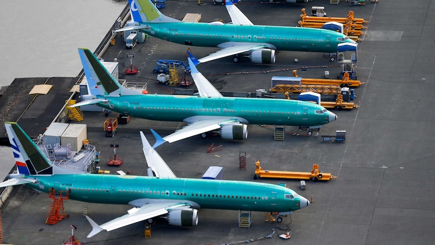 An aerial photo shows Boeing 737 MAX airplanes parked at the Boeing Factory in Renton, Washington, U.S.