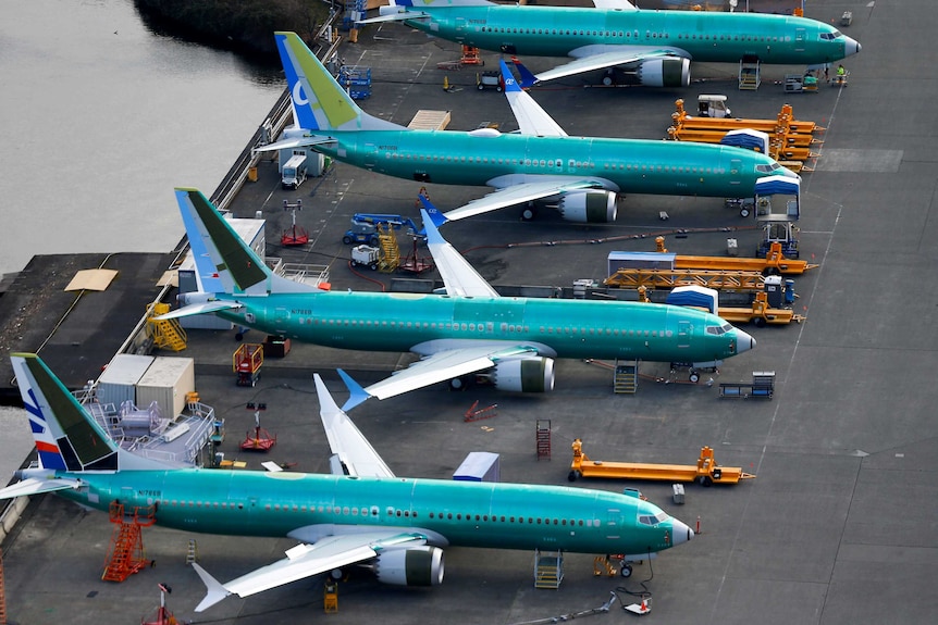 An aerial photo shows Boeing 737 MAX airplanes parked at the Boeing Factory in Renton, Washington, U.S.