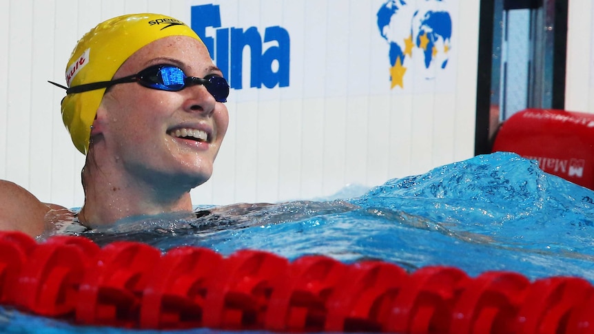 Australia's Cate Campbell reacts after winning the women's 100m freestyle world title.