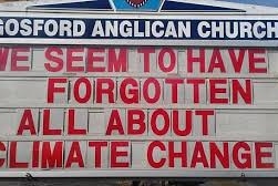 The sign at Father Rod Bower's Gosford Anglican church reading "We seem to have forgotten all about climate change"