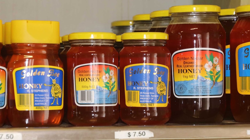 Several jars of honey from a small business in Mole Creek, Tasmania, March 2019.