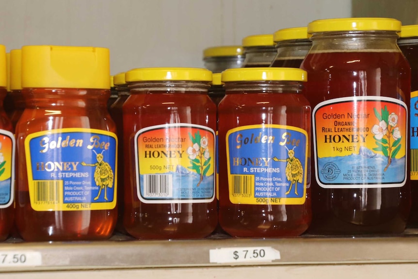 Several jars of honey from a small business in Mole Creek, Tasmania, March 2019.