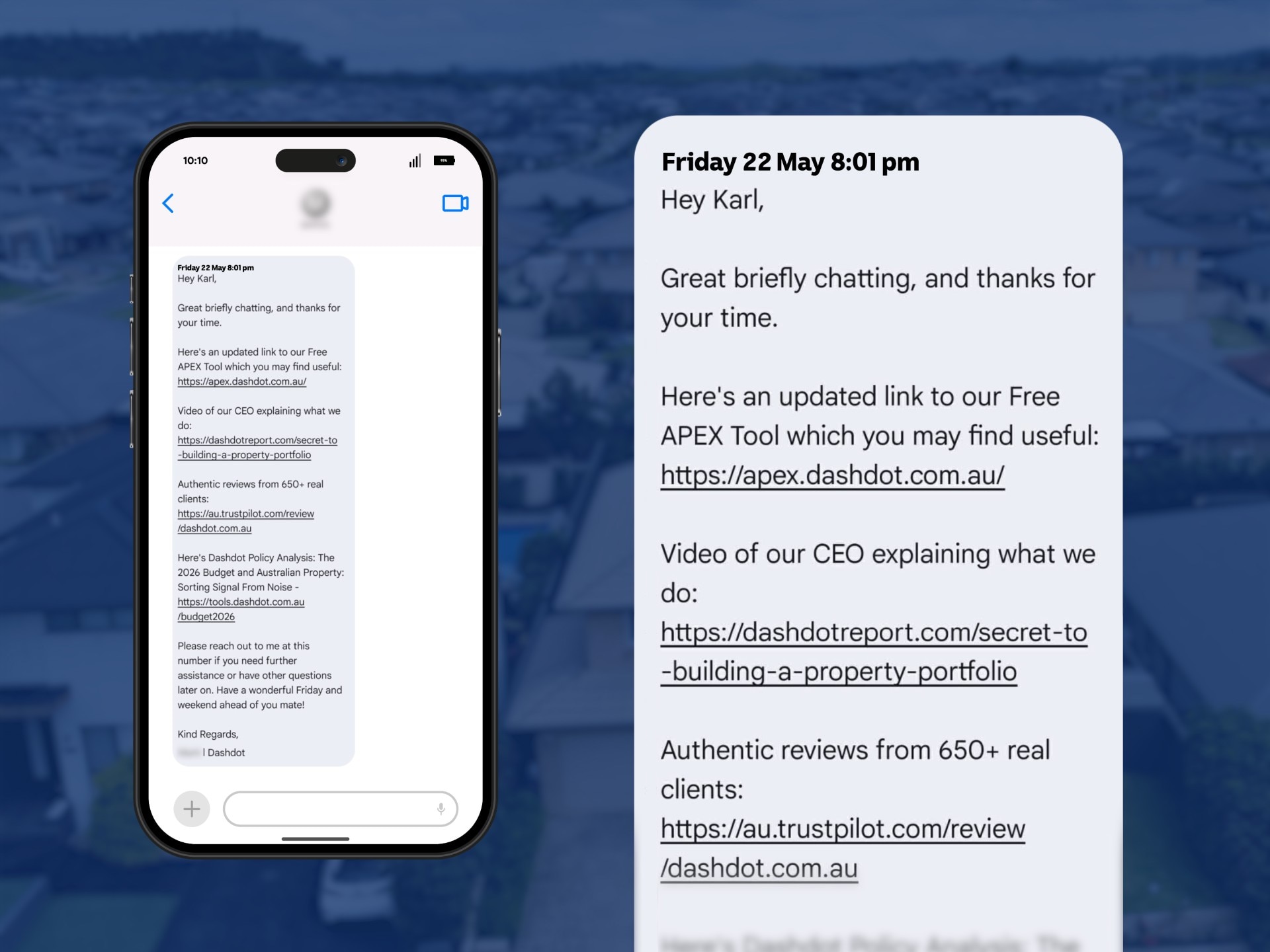 A graphic of a mobile phone and a close up of a text message.
