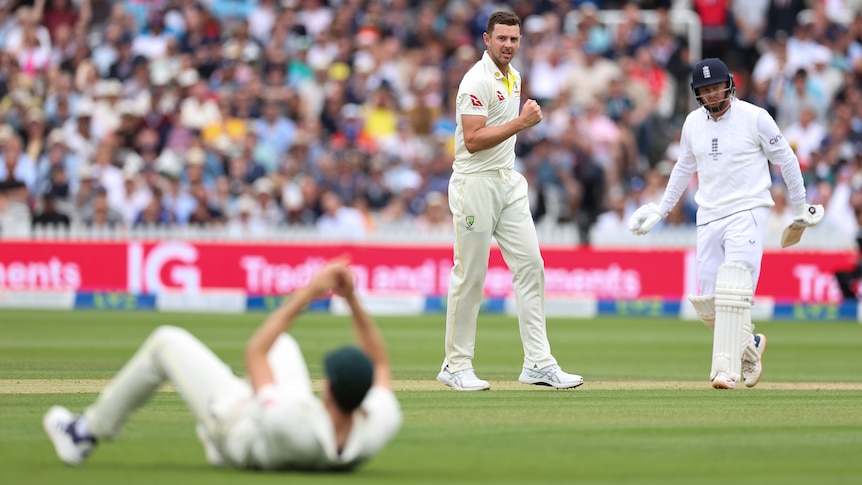 Pat Cummins lies on his back while completing a catch, Josh Hazlewood pumps his fist and Jonny Bairstow watches on