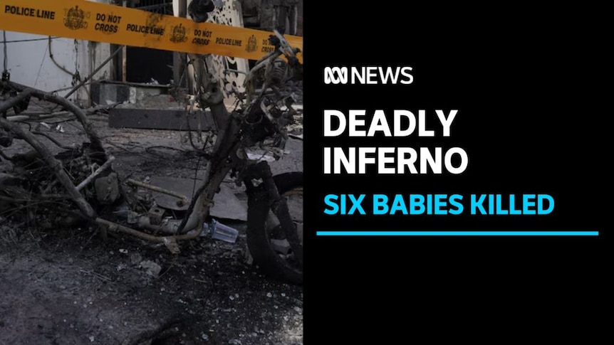 Deadly Inferno, Six Babies Killed: Yellow police tape across the burnt out remains of a scooter. 