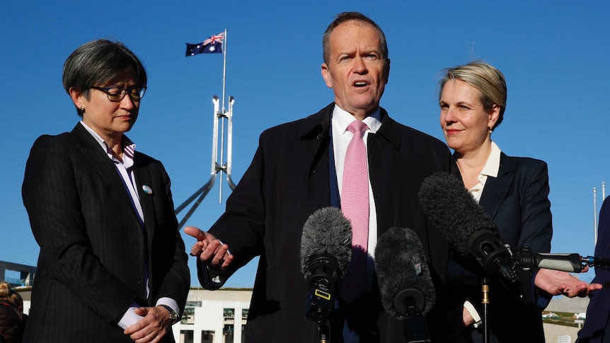 Bill Shorten, flanked by Penny Wong and Tanya Plibersek, speaks to the media outside Parliament House.
