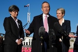 Bill Shorten, flanked by Penny Wong and Tanya Plibersek, speaks to the media outside Parliament House.