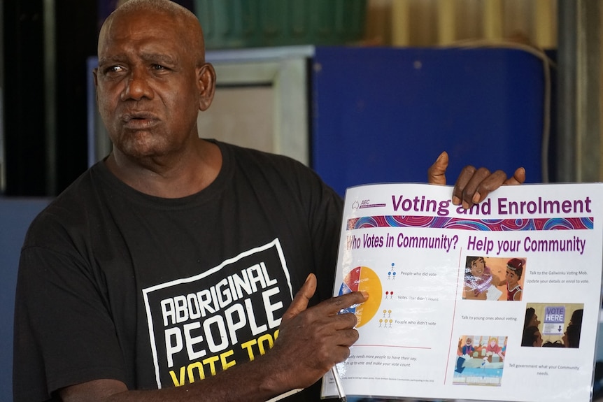 A man holds a voting and enrolment pamphlet in Galiwinku.