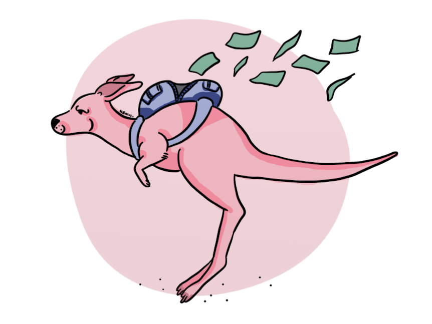 An illustration of a pink kangaroo wearing a backpack and notes floating away.