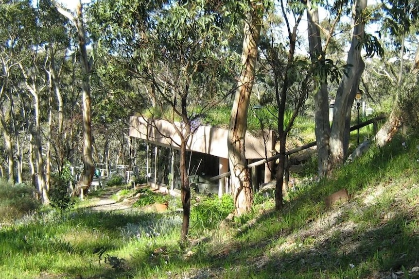 the front of a concrete home built into the side of a bush covered hill. 