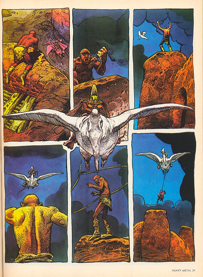 Colour scan of a page from Arzach by French artist Jean 'Moebius' Giraud.