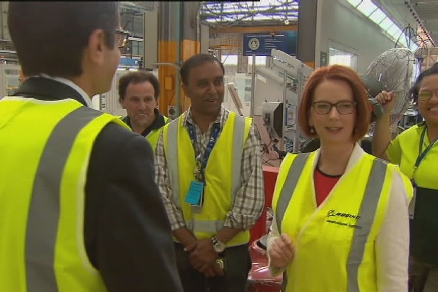 Julia Gillard speaks to workers (The Business)