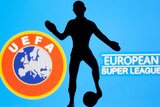 A mock illustration with a model footballer in front of the words European Super League and the UEFA logo.E
