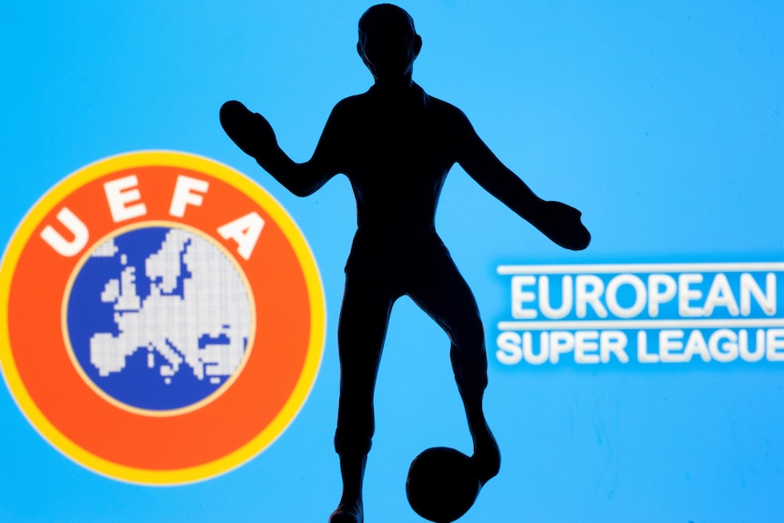 A mock illustration with a model footballer in front of the words European Super League and the UEFA logo.