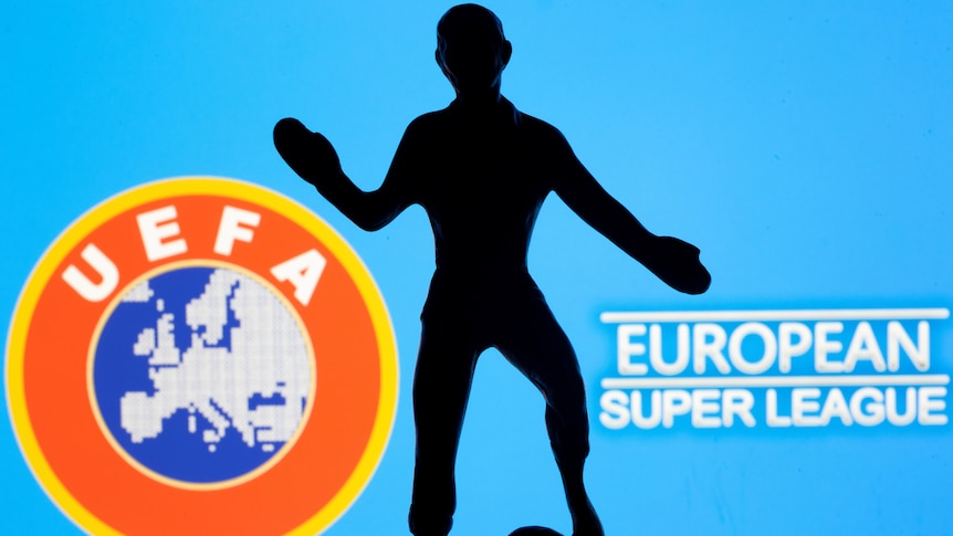 A mock illustration with a model footballer in front of the words European Super League and the UEFA logo.E