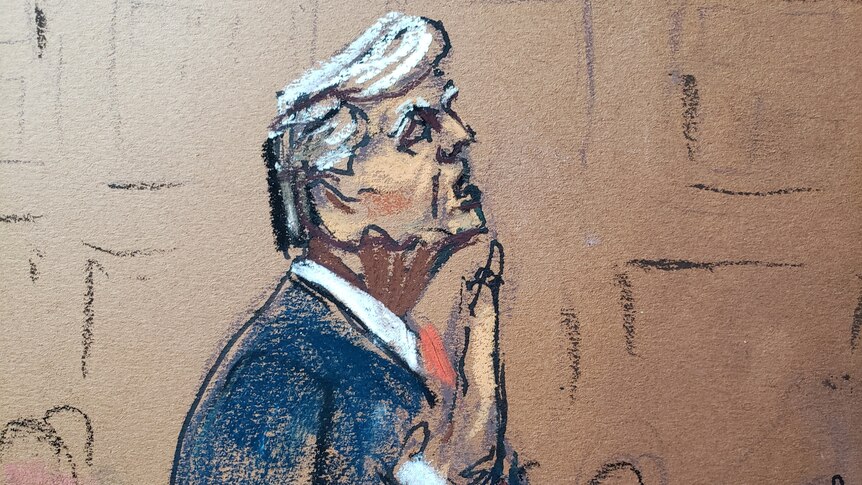 A court sketch depicts Donald Trump with his trademark coiffed blonde hair, raises one hand beside him