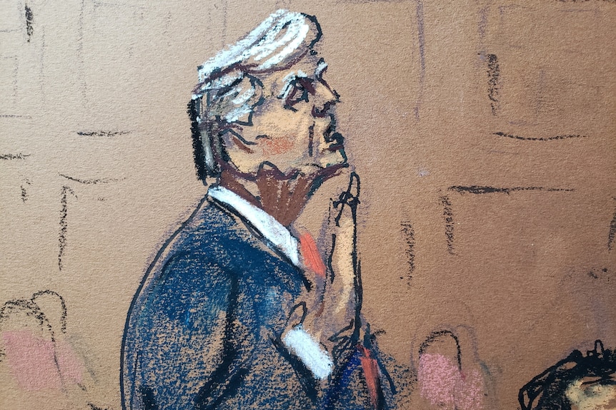 A court sketch depicts Donald Trump with his trademark coiffed blonde hair, raises one hand beside him
